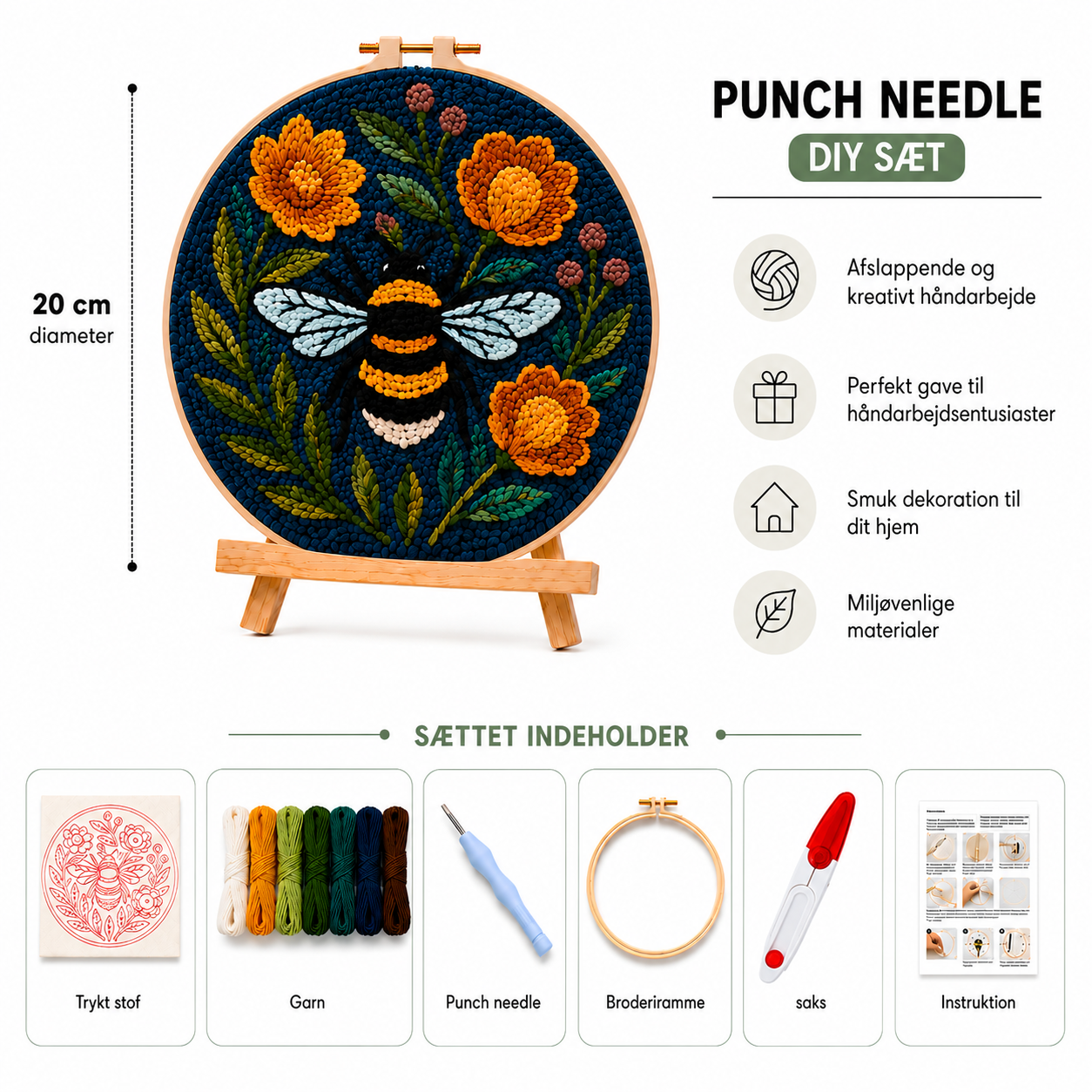 Punch Needle sæt med garn, nål og broderiramme Humlebi med Blomster