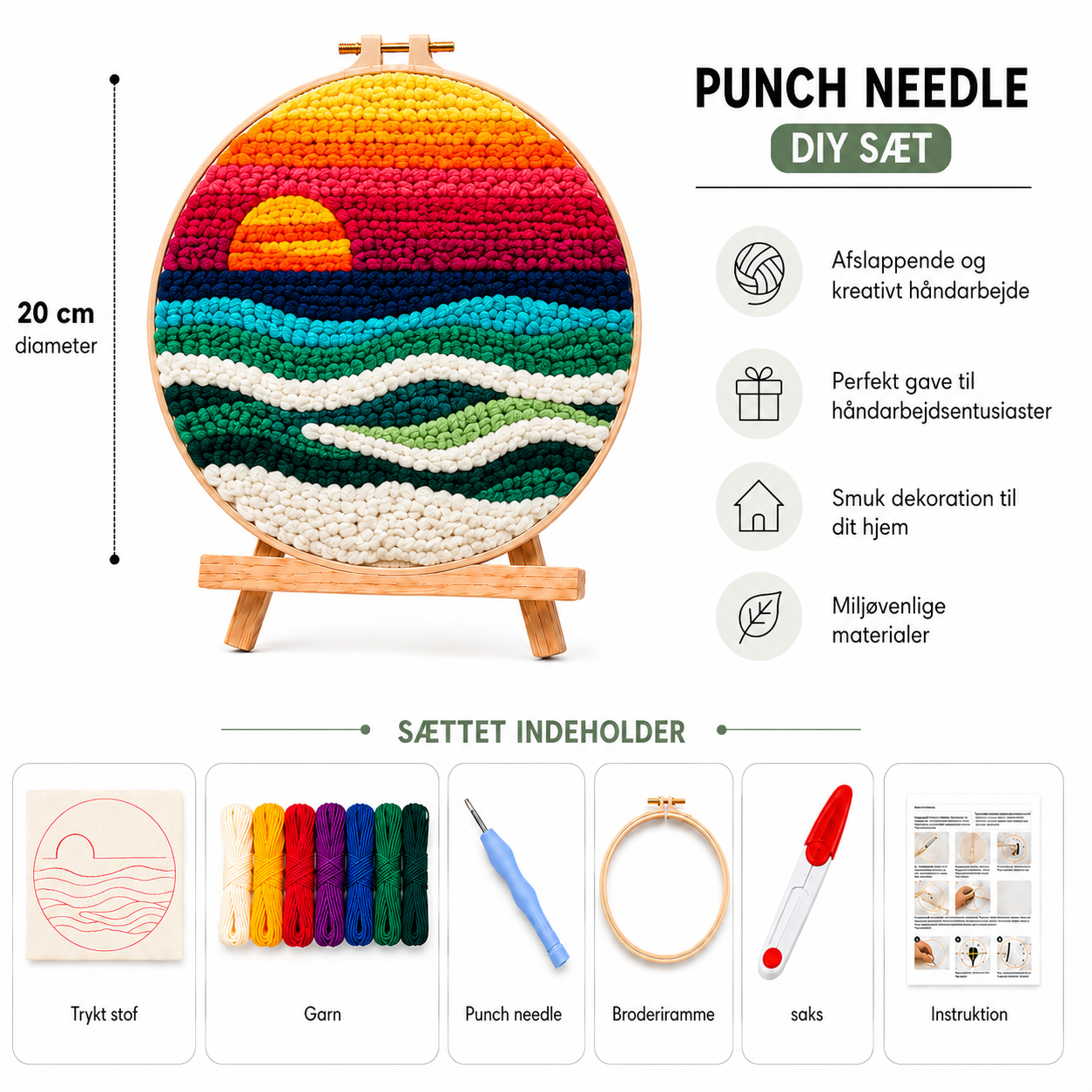 Punch Needle sæt med garn, nål og broderiramme