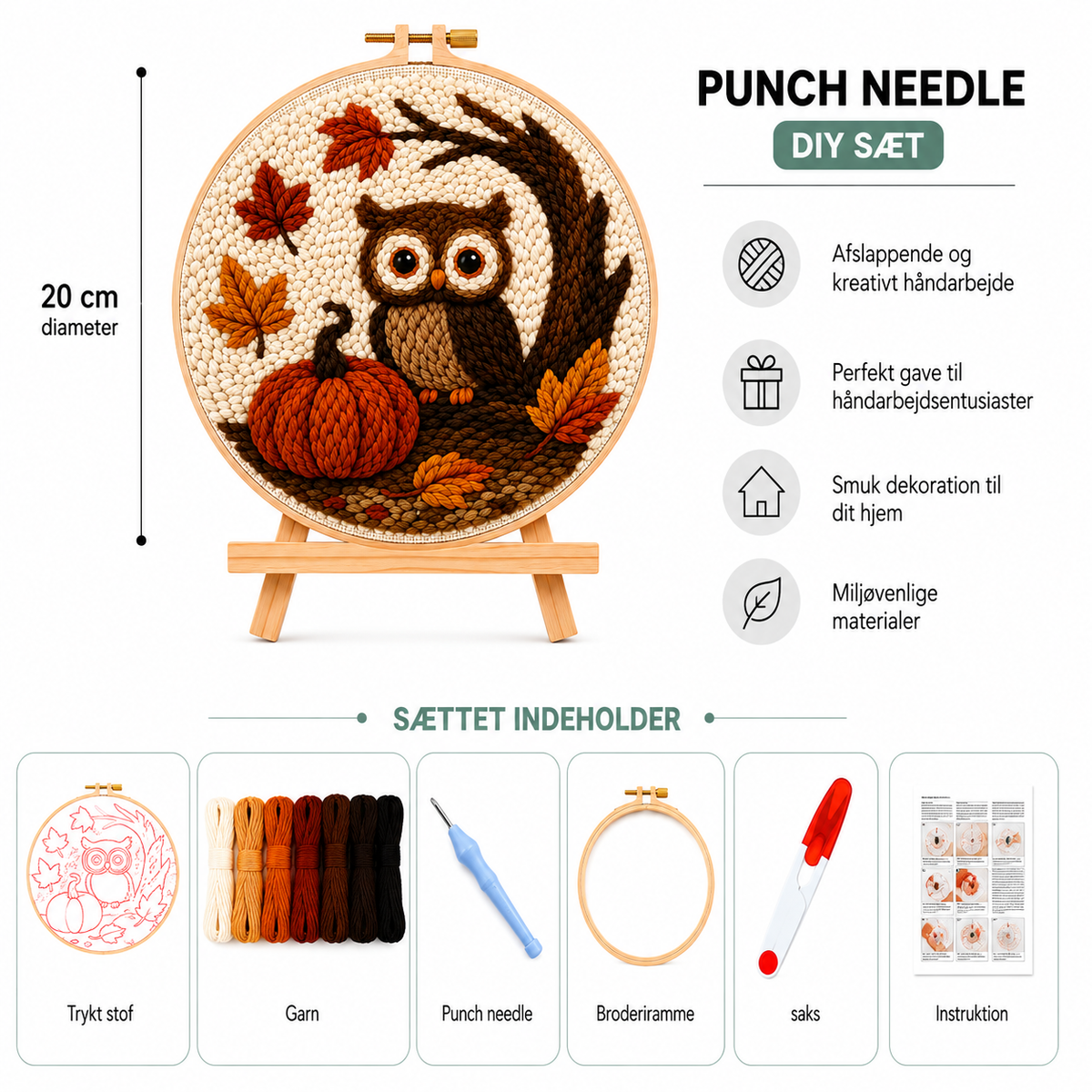 Punch Needle sæt med garn, nål og broderiramme 