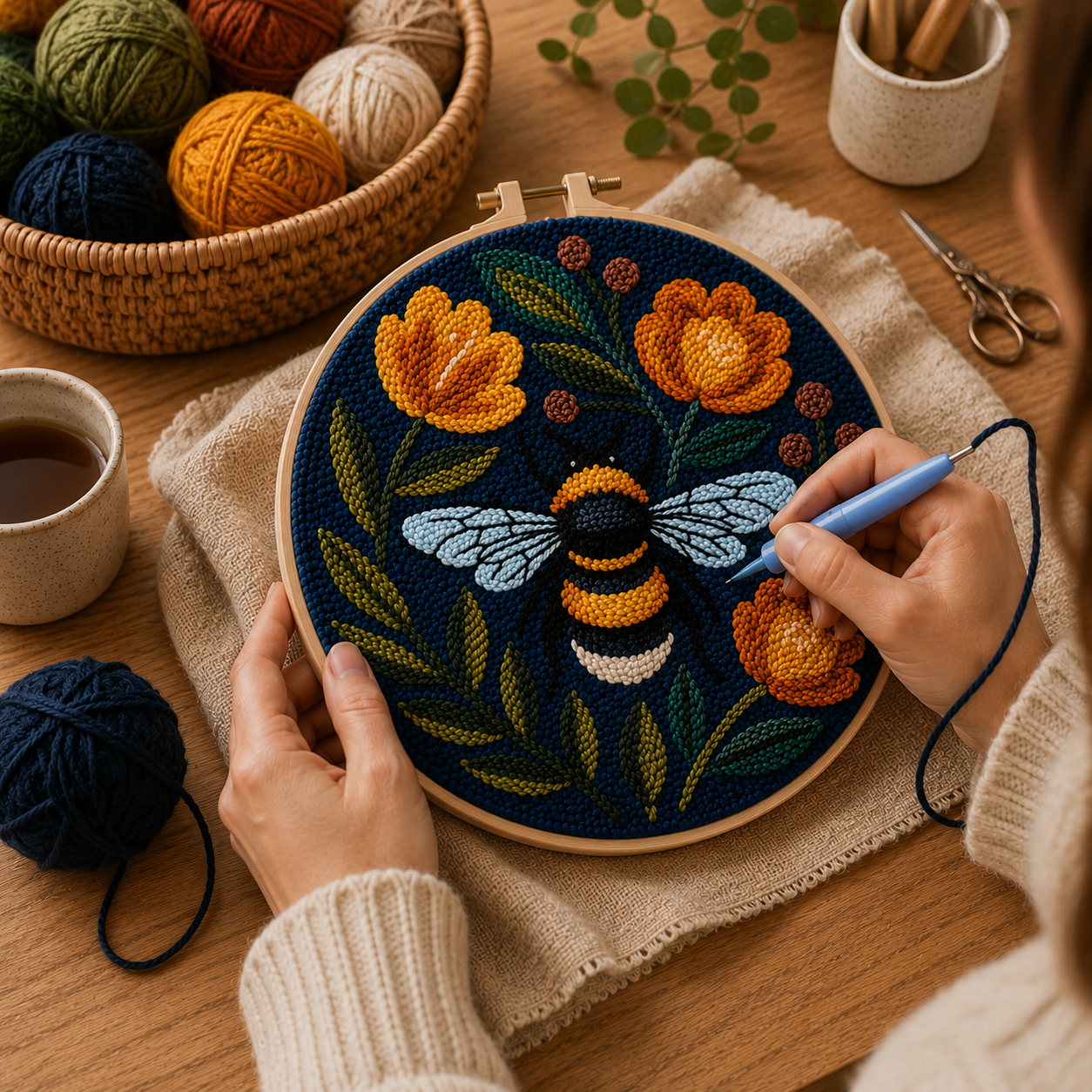 Punch Needle projekt under udførelse Humlebi med Blomster