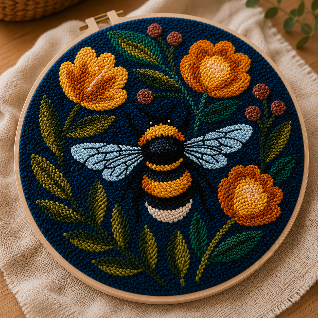 Detalje af Punch Needle Humlebi med Blomster design