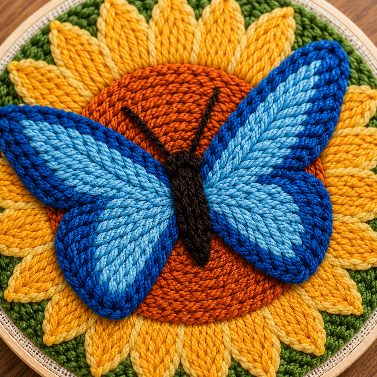Detalje af Punch Needle Sommerfugl & Solsikke design