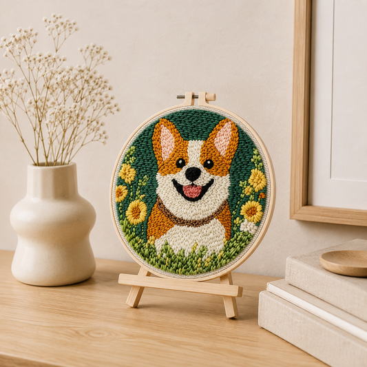 Færdigt Punch Needle motiv med Glad Corgi