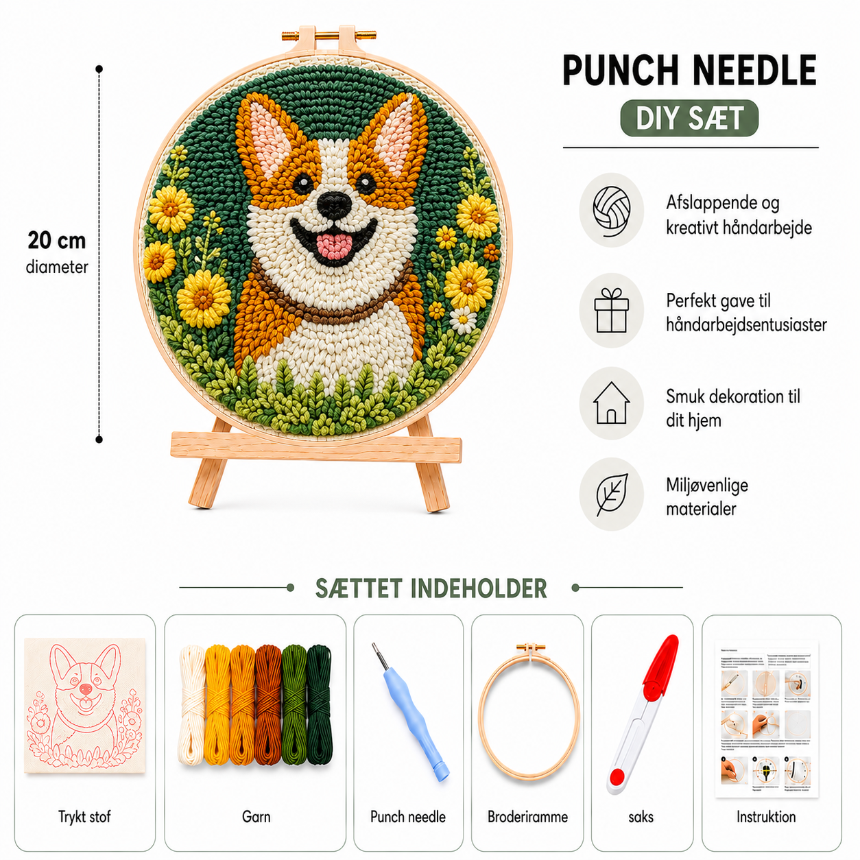 Punch Needle sæt med garn, nål og broderiramme