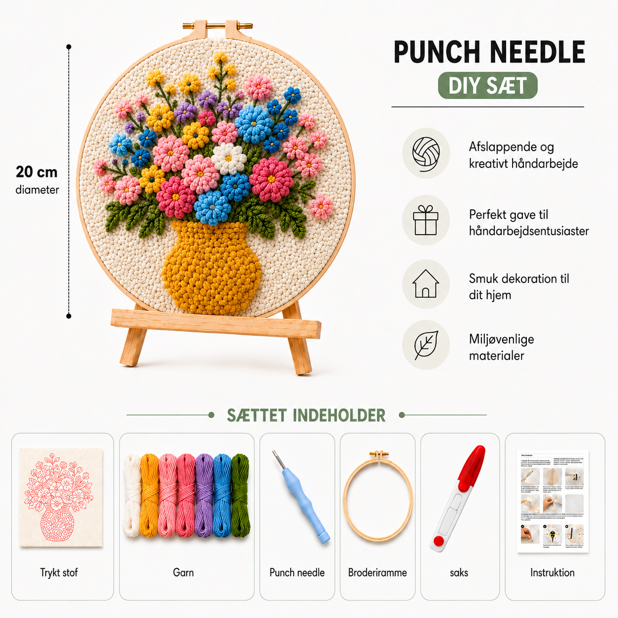 Punch Needle sæt med garn, nål og broderiramme Blomsterbuket