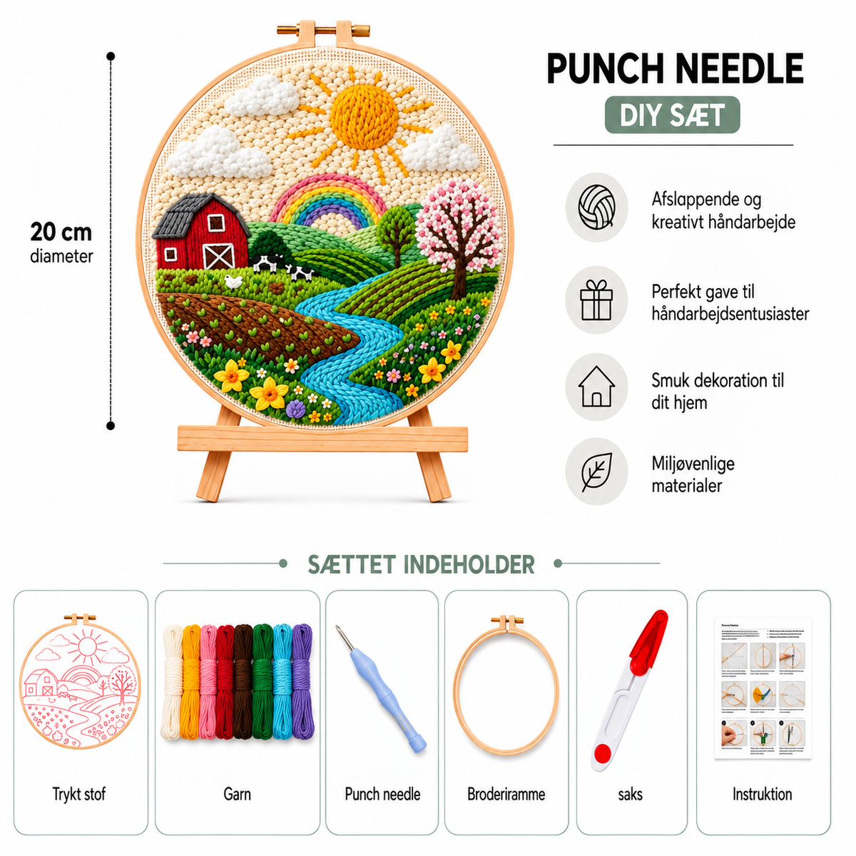 Punch Needle sæt med garn, nål og broderiramme 