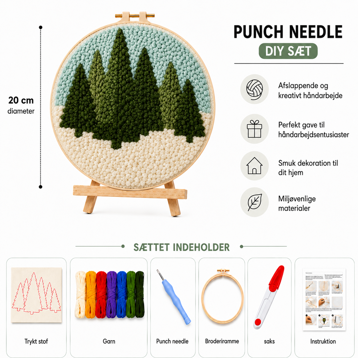 Punch Needle sæt med garn, nål og broderiramme