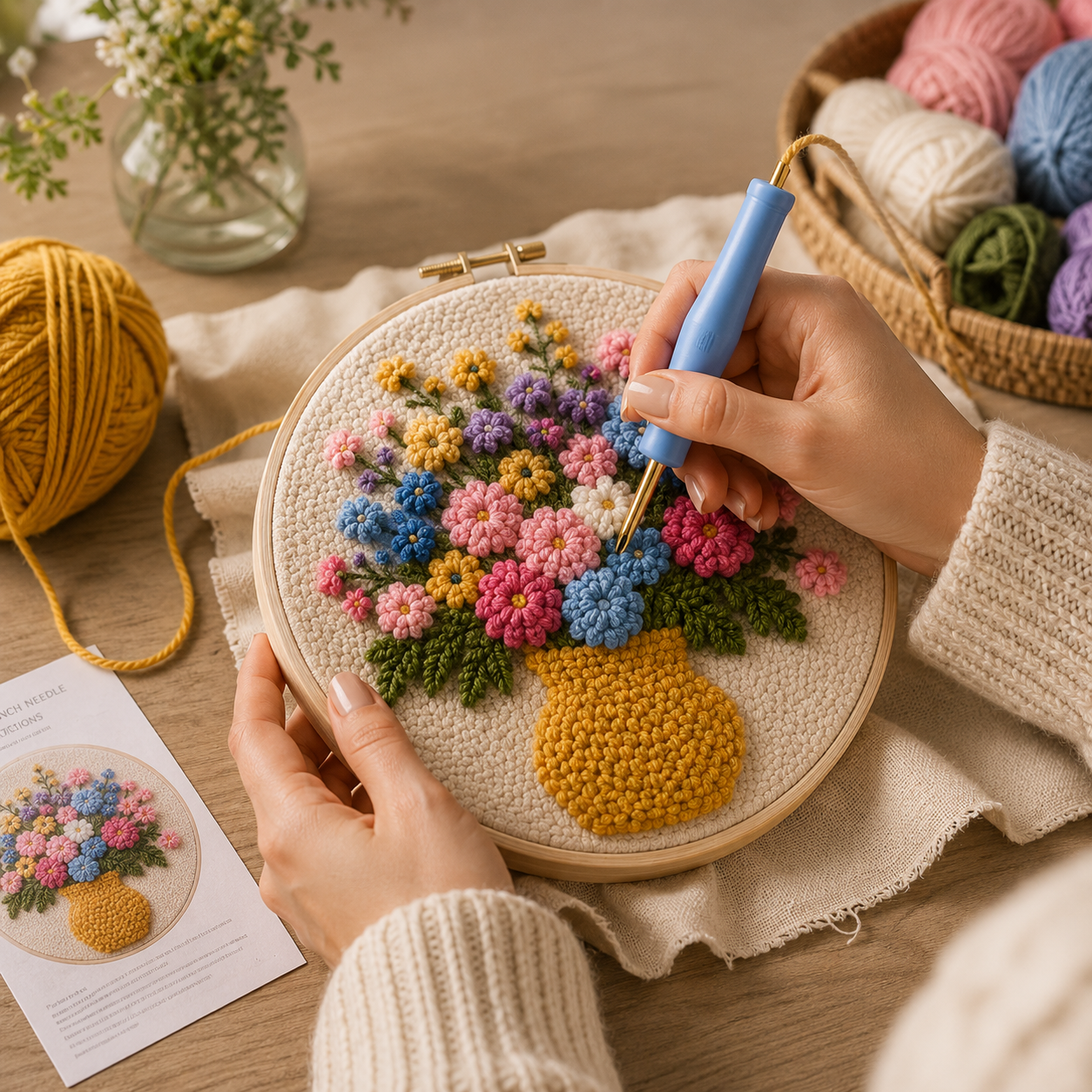 Punch Needle projekt under udførelse Blomsterbuket