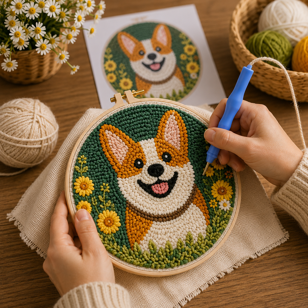 Punch Needle projekt under udførelse Glad Corgi
