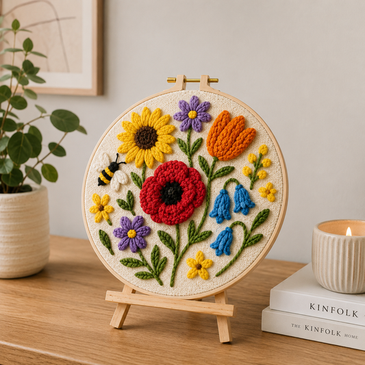 Færdigt Punch Needle motiv med Humlebi i Blomsterengen
