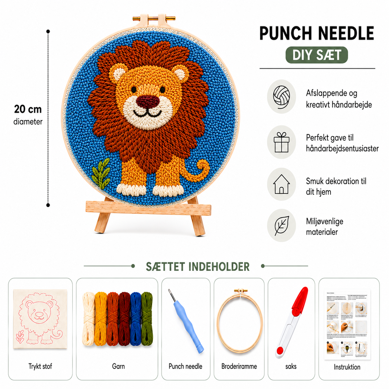 Punch Needle sæt med garn, nål og broderiramme