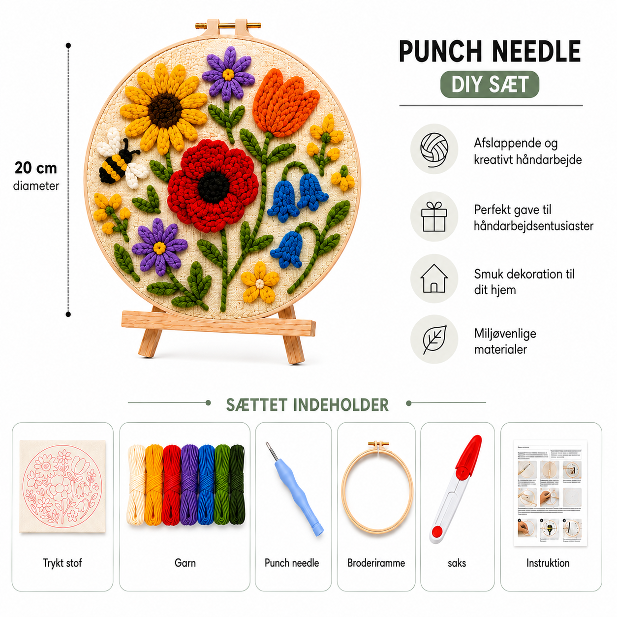 Punch Needle sæt med garn, nål og broderiramme Humlebi i Blomsterengen