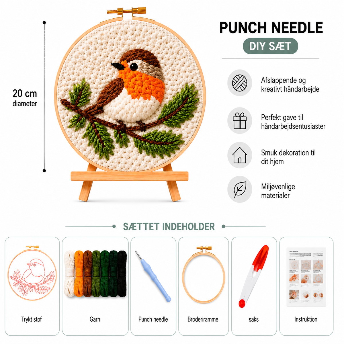 Punch Needle sæt med garn, nål og broderiramme 