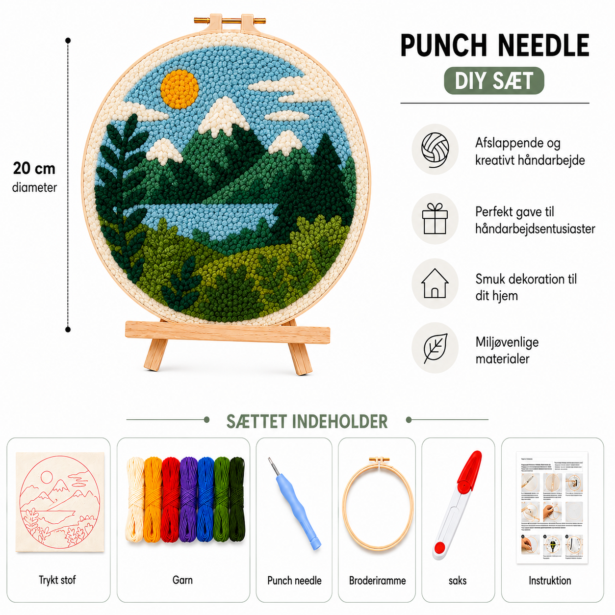 Punch Needle sæt med garn, nål og broderiramme