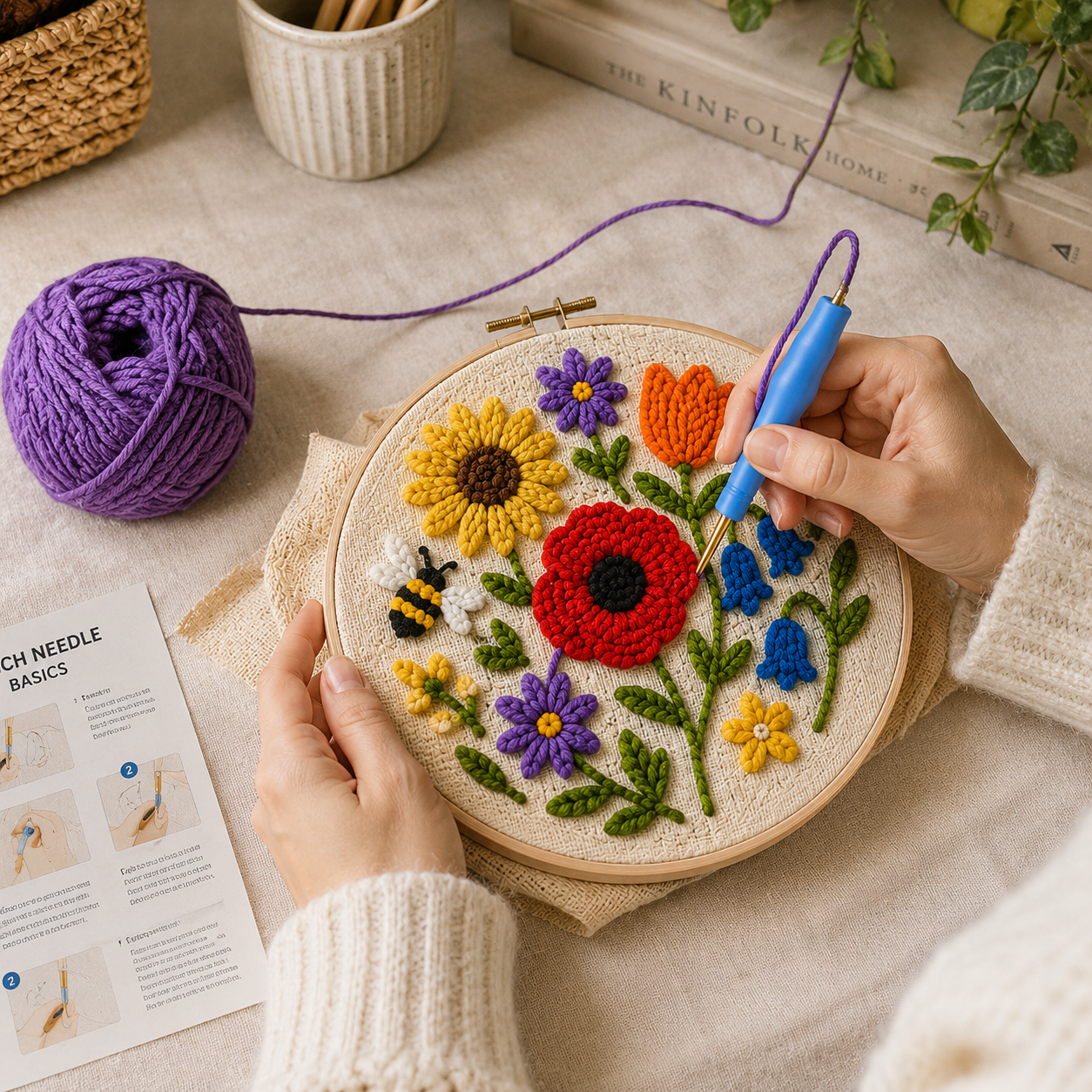 Punch Needle projekt under udførelse Humlebi i Blomsterengen