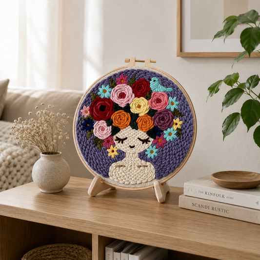 Færdigt Punch Needle motiv med Mediterende Blomsterpige
