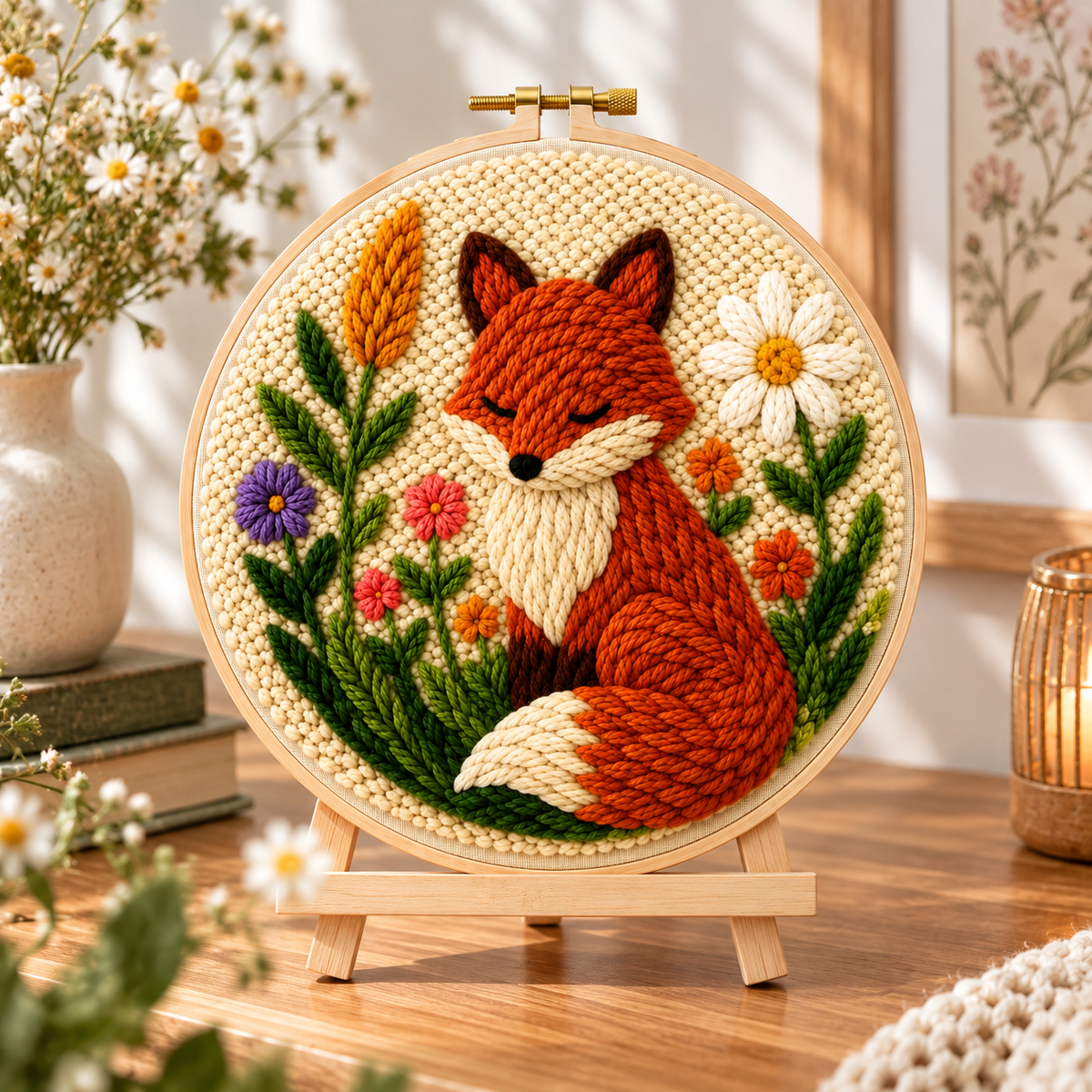 Færdigt Punch Needle motiv med Sød Ræv i Blomsterhaven 