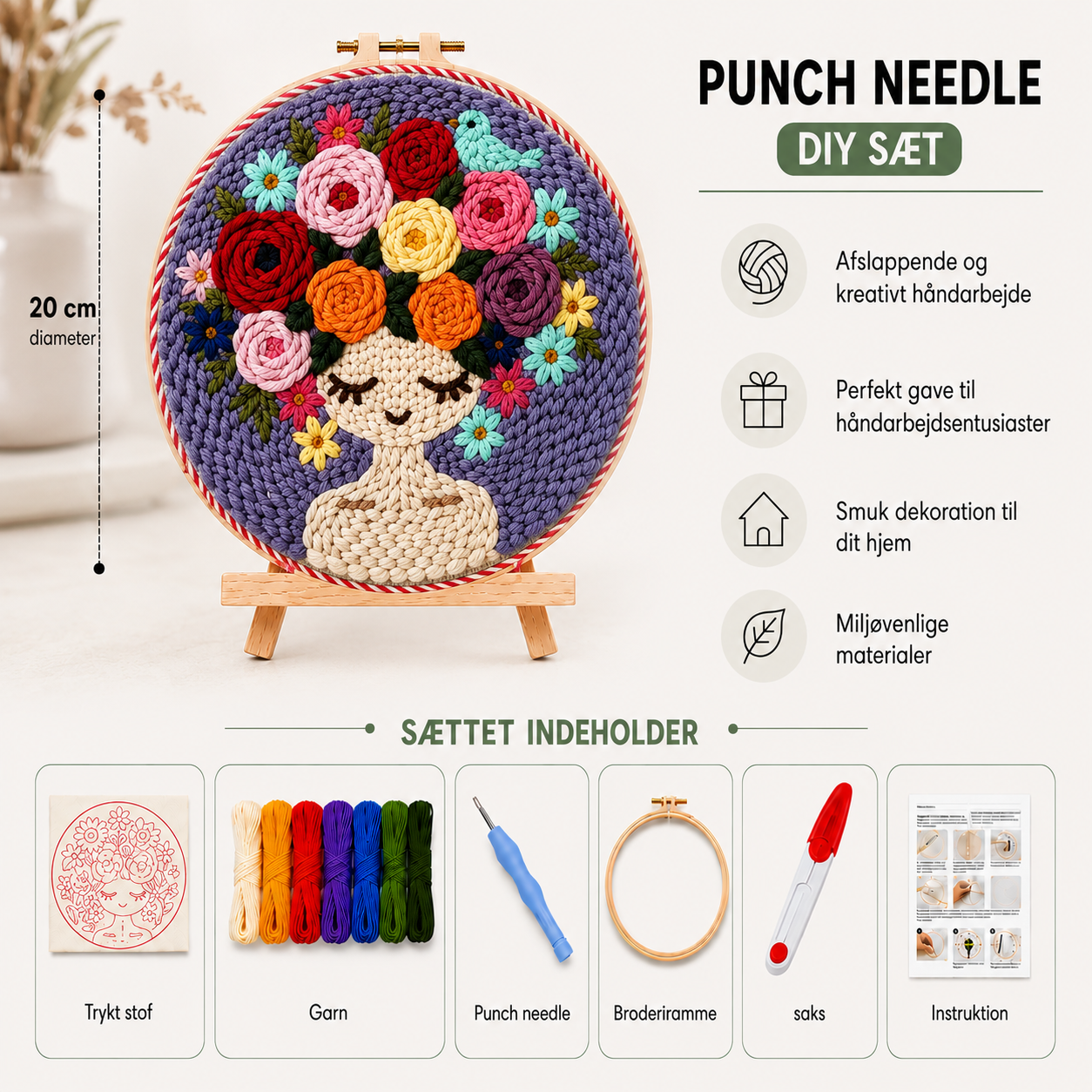 Punch Needle sæt med garn, nål og broderiramme