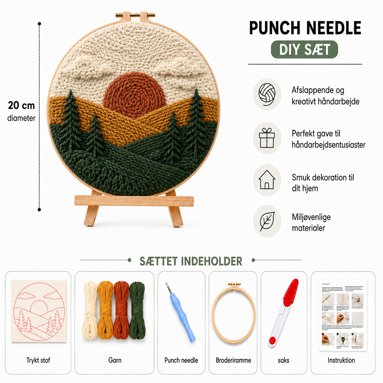 Punch Needle sæt med garn, nål og broderiramme
