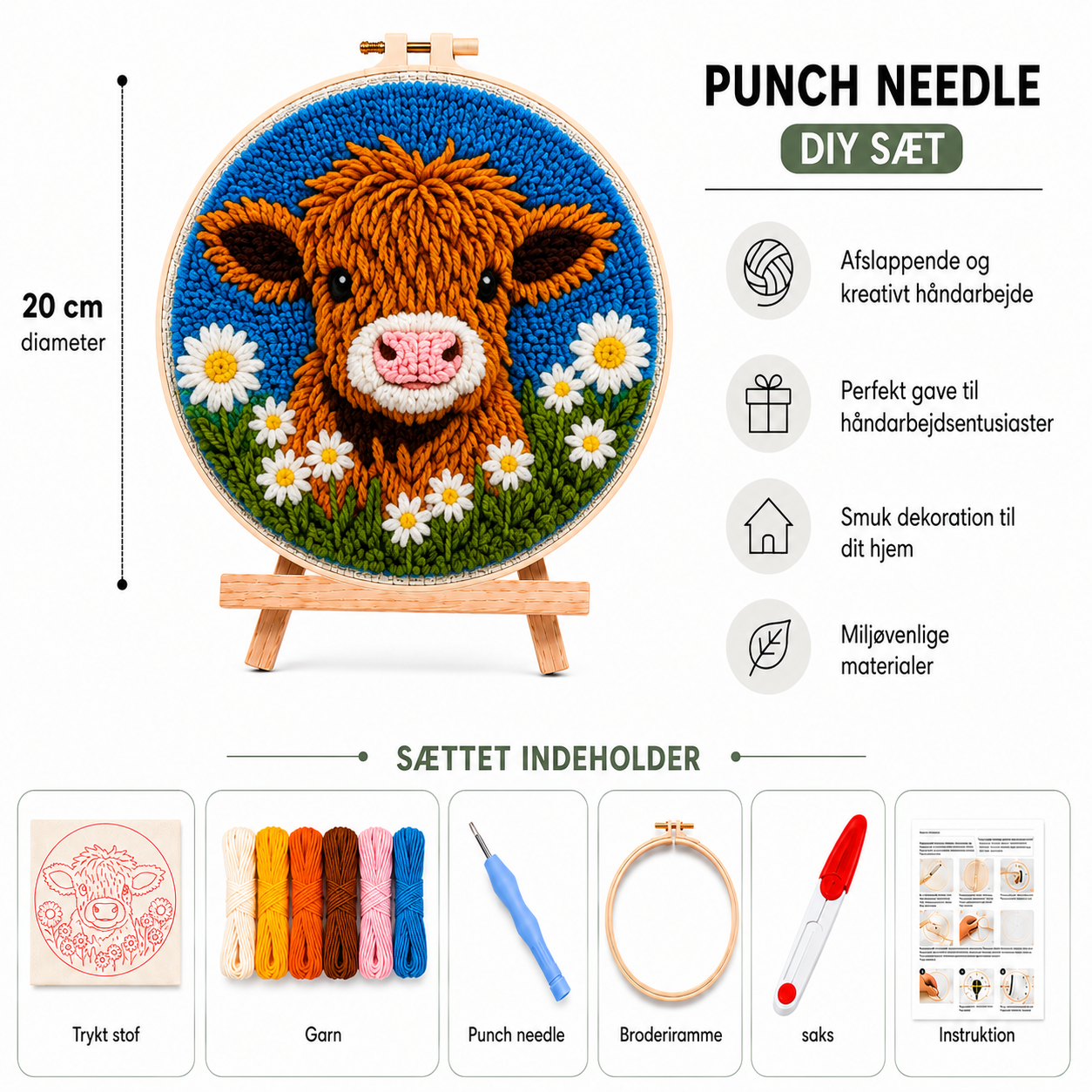 Punch Needle sæt med garn, nål og broderiramme