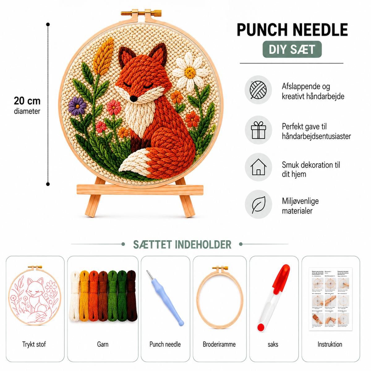Punch Needle sæt med garn, nål og broderiramme 