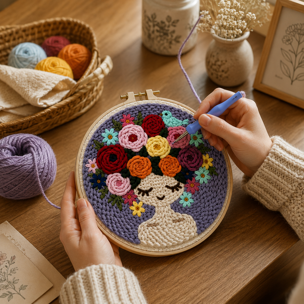Punch Needle projekt under udførelse Mediterende Blomsterpige
