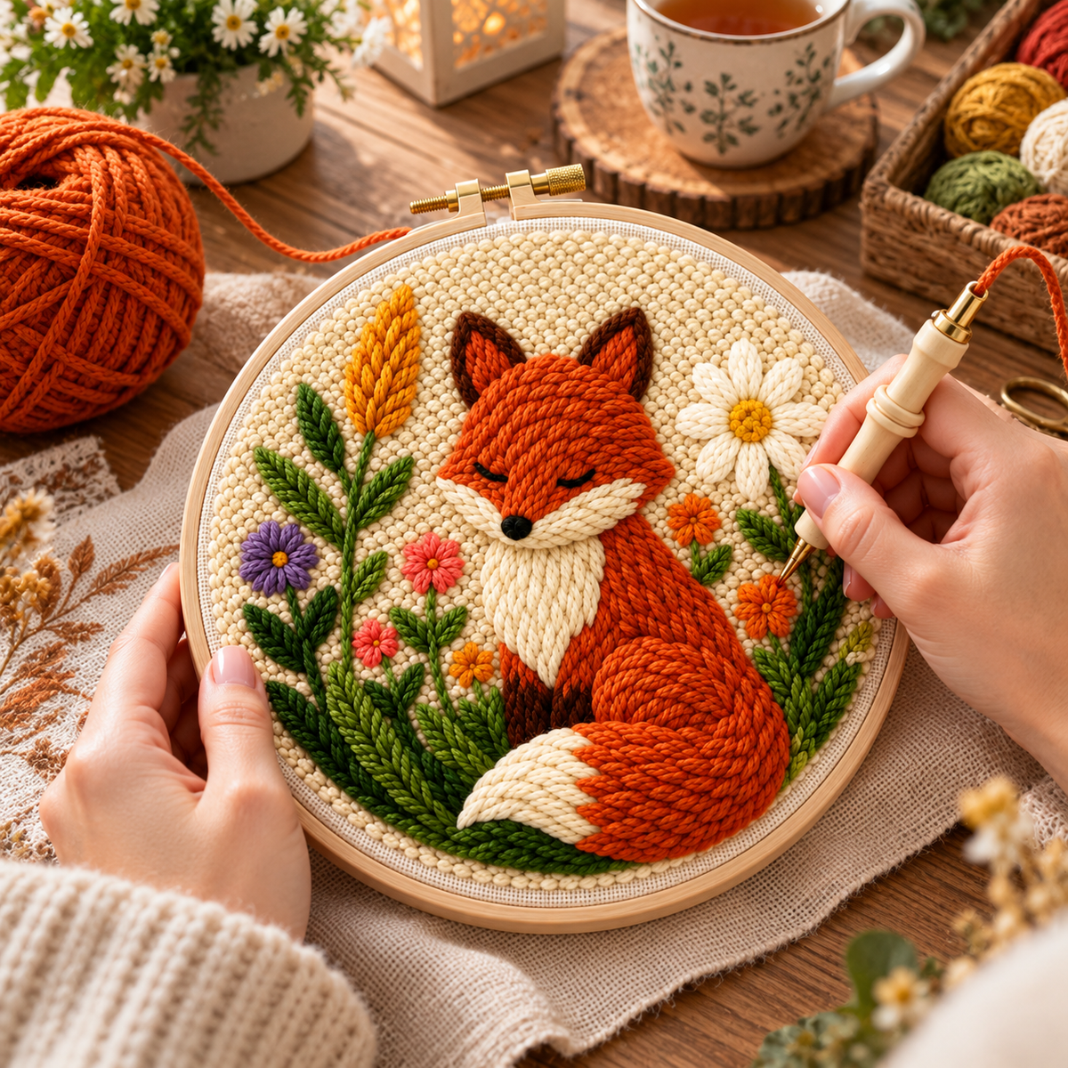 Punch Needle projekt under udførelse Sød Ræv i Blomsterhaven 