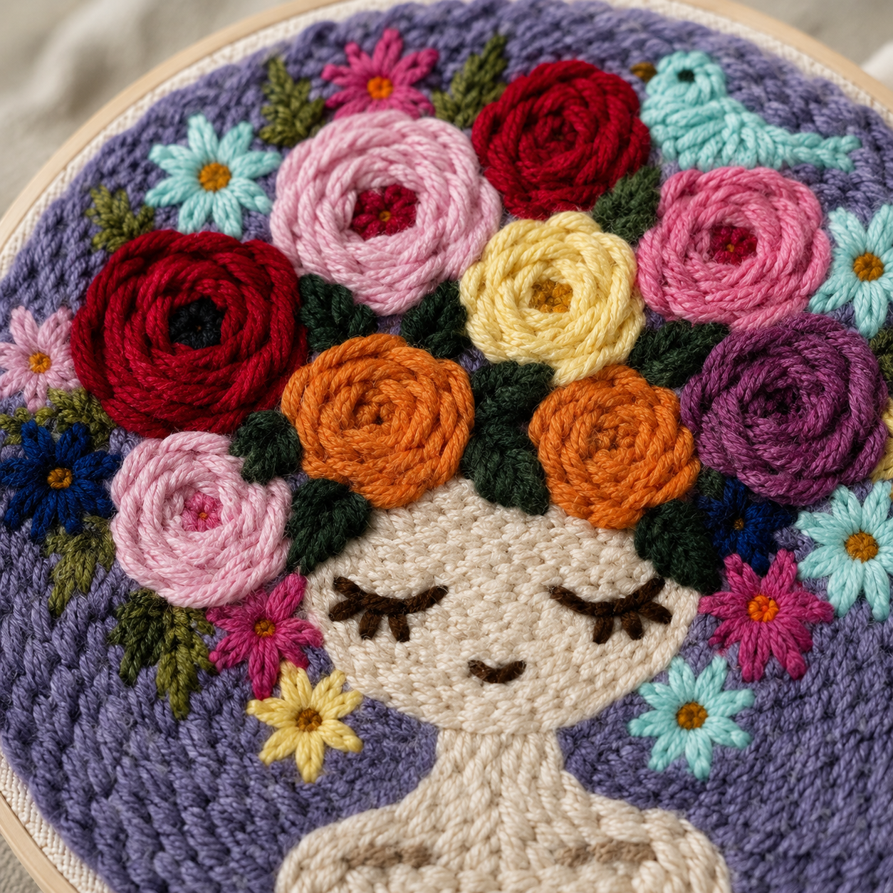 Detalje af Punch Needle Mediterende Blomsterpige design