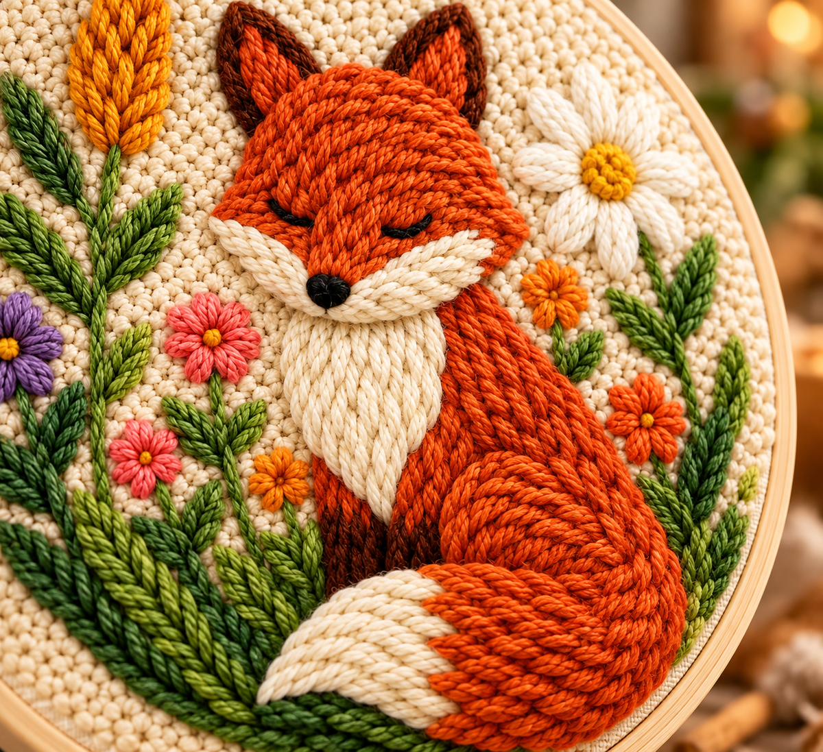 Detalje af Punch Needle Sød Ræv i Blomsterhaven design 