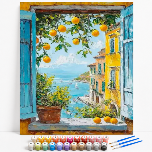 Mal efter tal med åbent vindue, citrontræ, middelhavsby og azurblåt havudsigt i solrigt italiensk landskab.