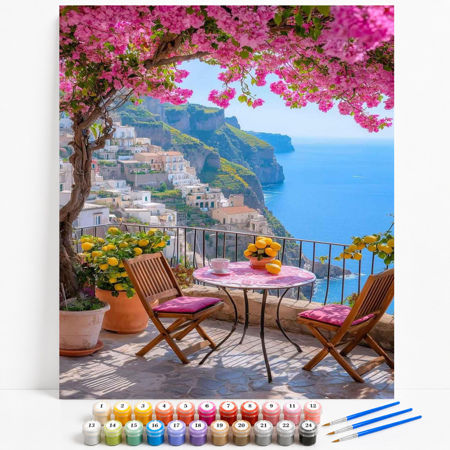 Mal efter tal med terrasse på Amalfikysten, lyserød bougainvillea, citrontræer og panoramaudsigt over Middelhavet.