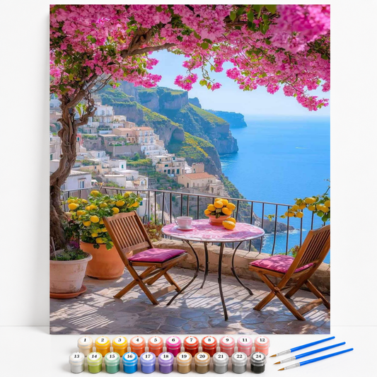 Mal efter tal med terrasse på Amalfikysten, lyserød bougainvillea, citrontræer og panoramaudsigt over Middelhavet.
