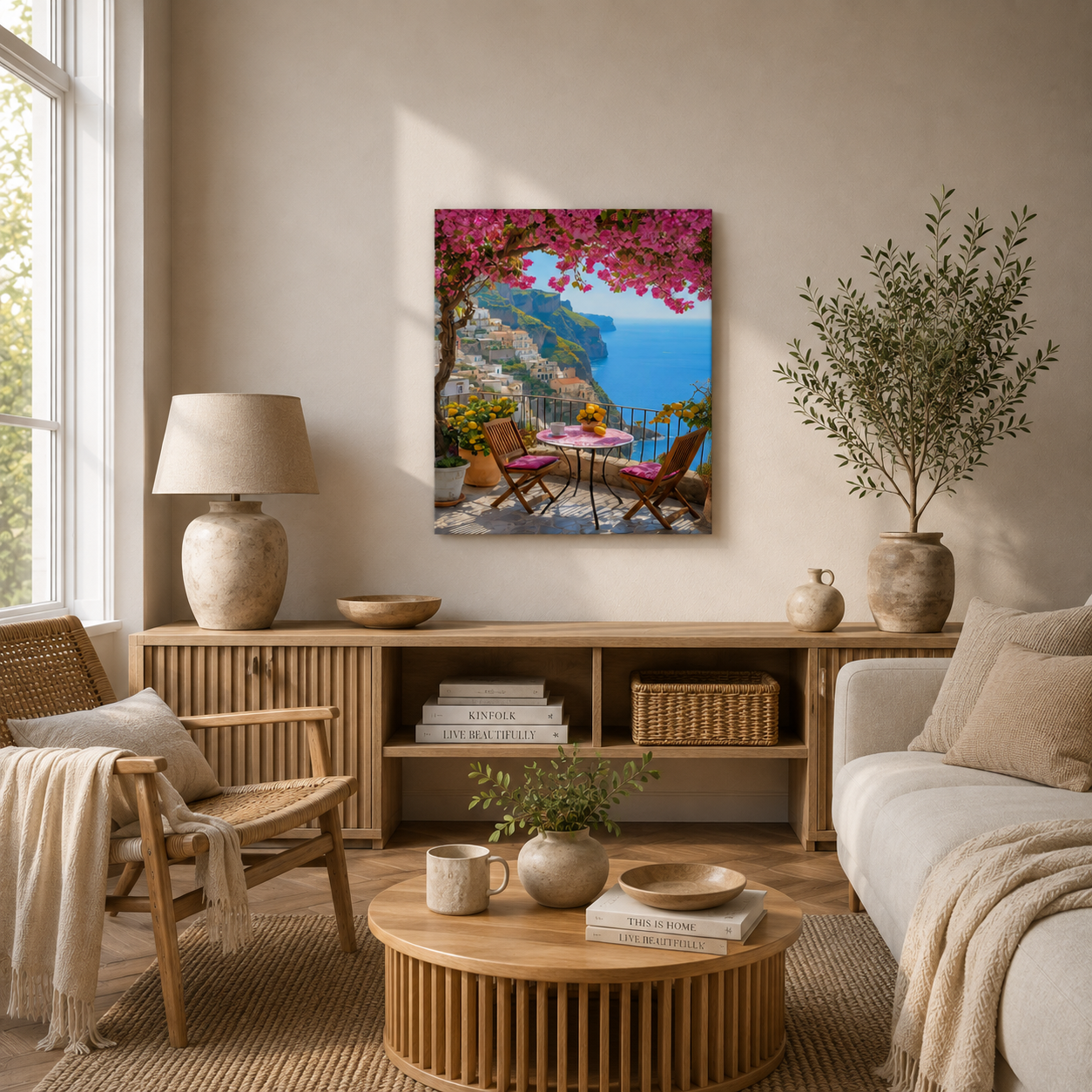 Mal efter tal med terrasse på Amalfikysten, lyserød bougainvillea, citrontræer og panoramaudsigt over Middelhavet.