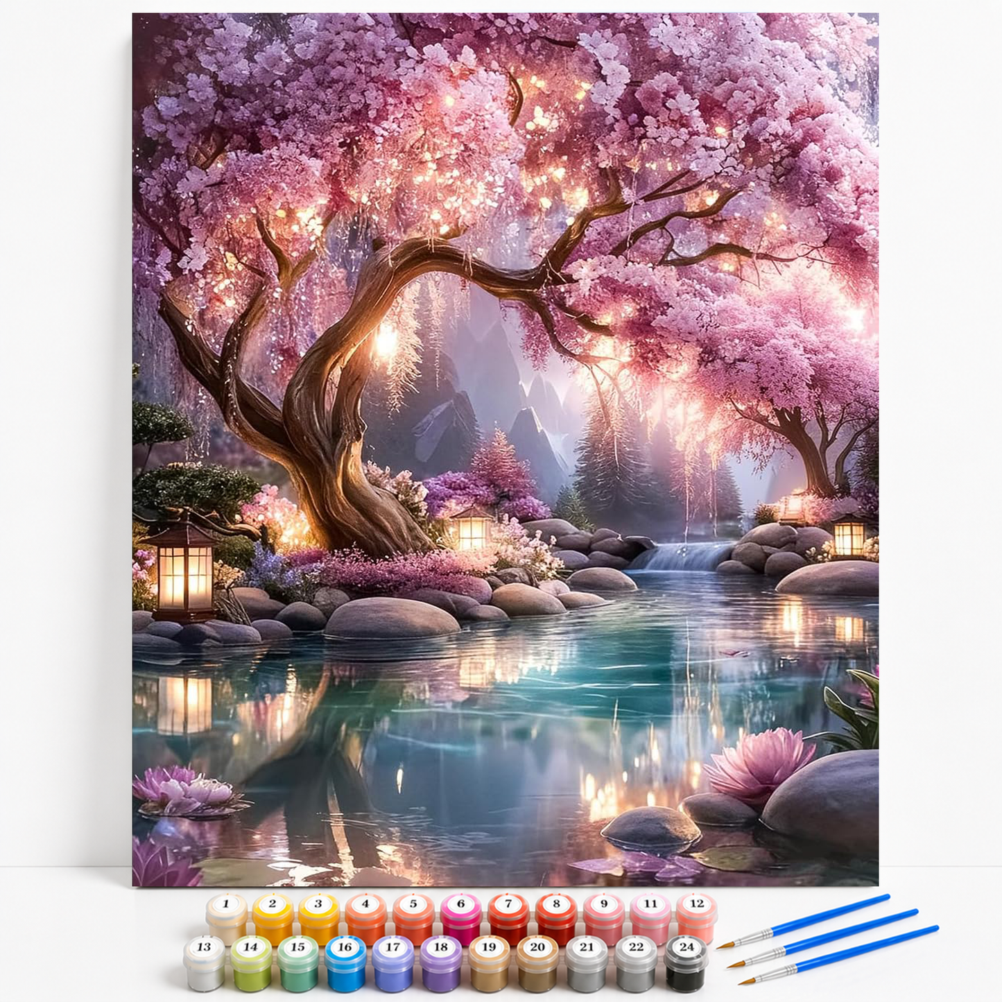 Mal efter tal med blomstrende kirsebærtræ, sakura, rolig sø, japanske lanterner og magisk landskab med vandfald.