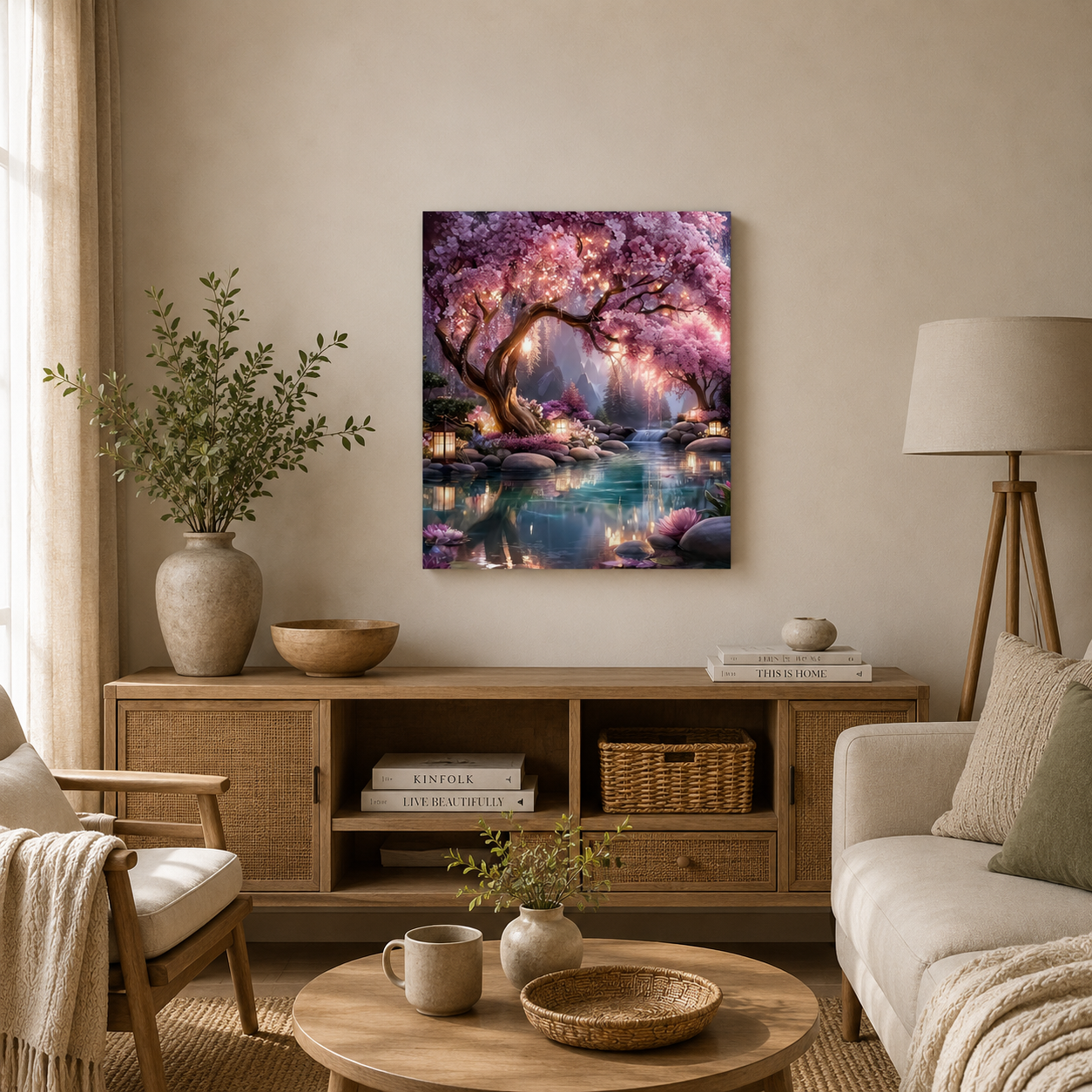 Mal efter tal med blomstrende kirsebærtræ, sakura, rolig sø, japanske lanterner og magisk landskab med vandfald.