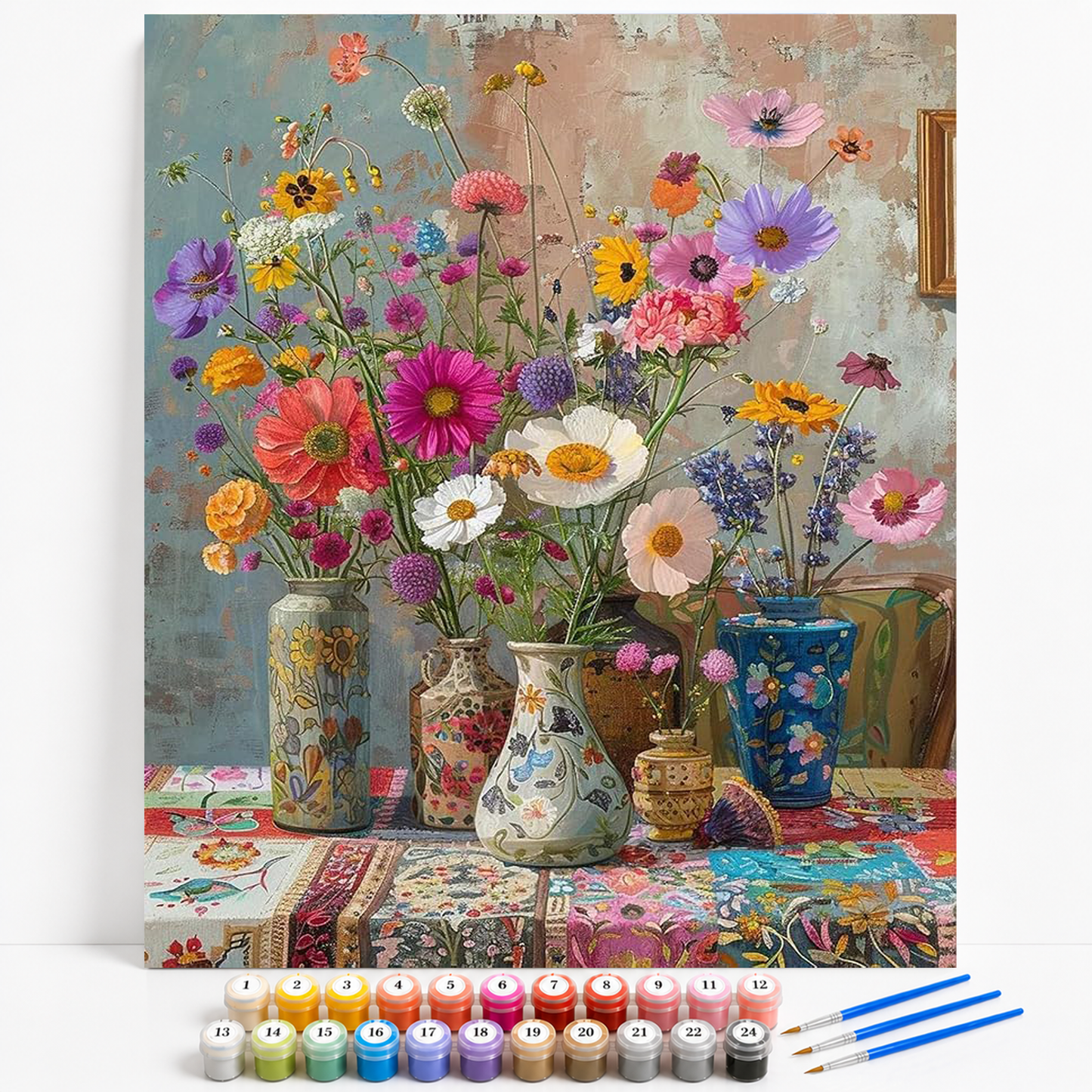 Mal efter tal med farverig blomsterbuket i dekorative keramiske vaser med vilde blomster og markblomster.