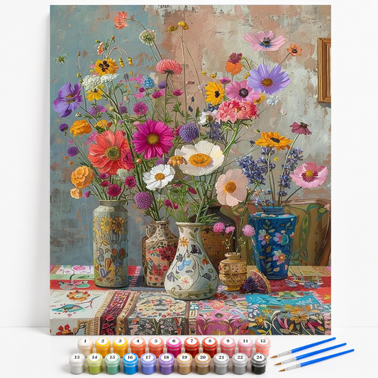 Mal efter tal med farverig blomsterbuket i dekorative keramiske vaser med vilde blomster og markblomster.