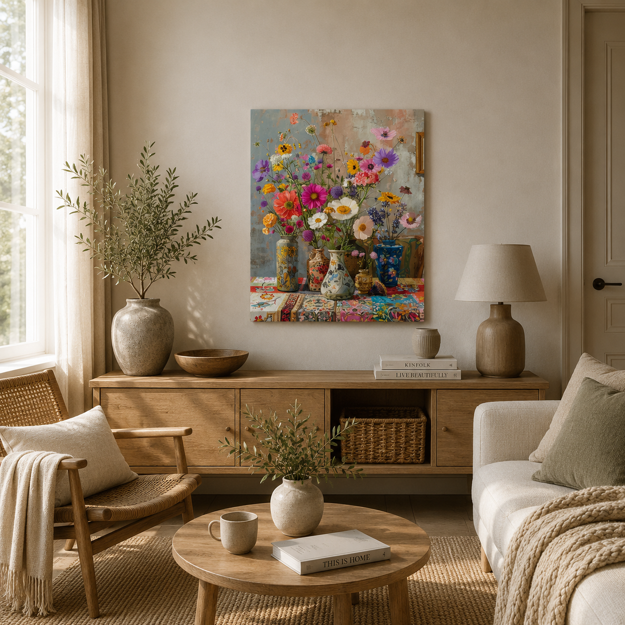 Mal efter tal med farverig blomsterbuket i dekorative keramiske vaser med vilde blomster og markblomster.