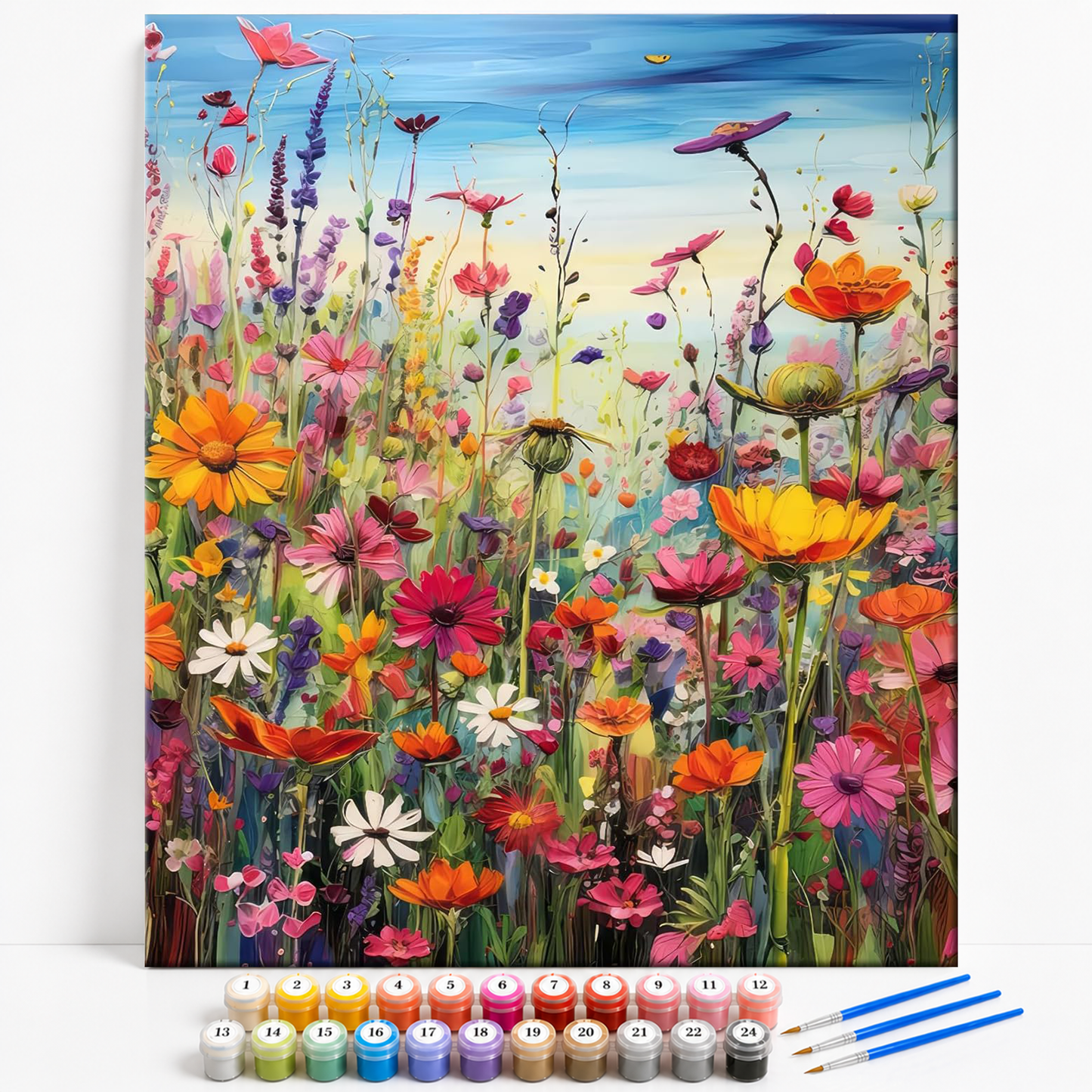 Mal efter tal med farverig blomstereng fyldt med vilde blomster i pink, lilla, orange, gul og hvid under en blå himmel.