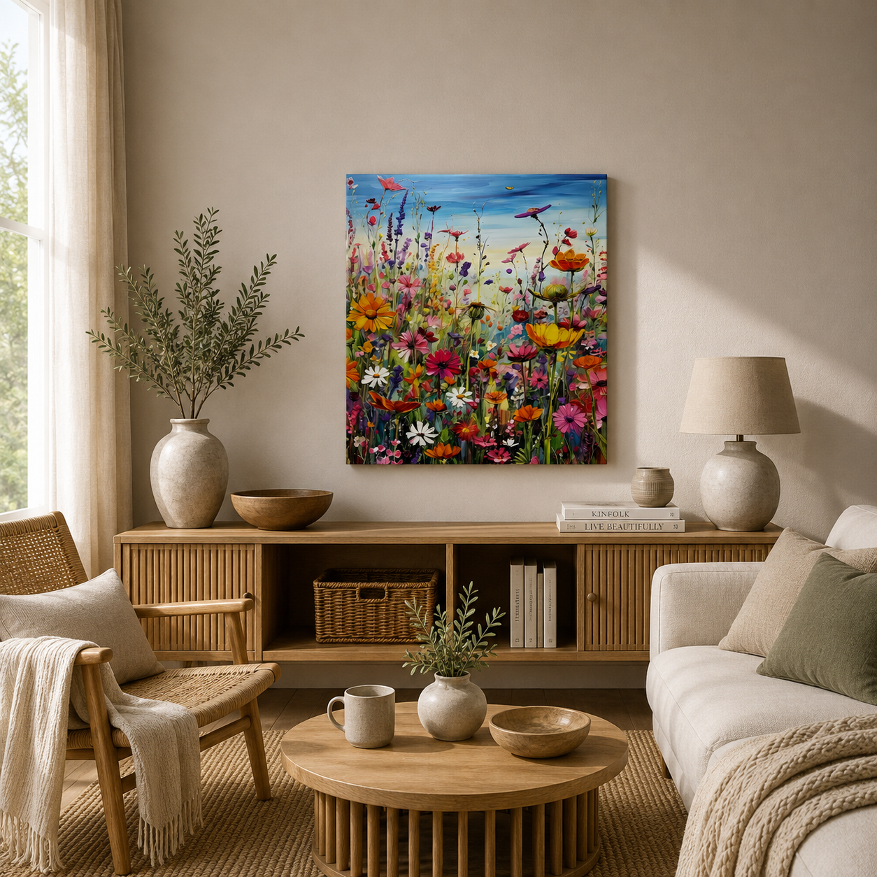 Mal efter tal med farverig blomstereng fyldt med vilde blomster i pink, lilla, orange, gul og hvid under en blå himmel.