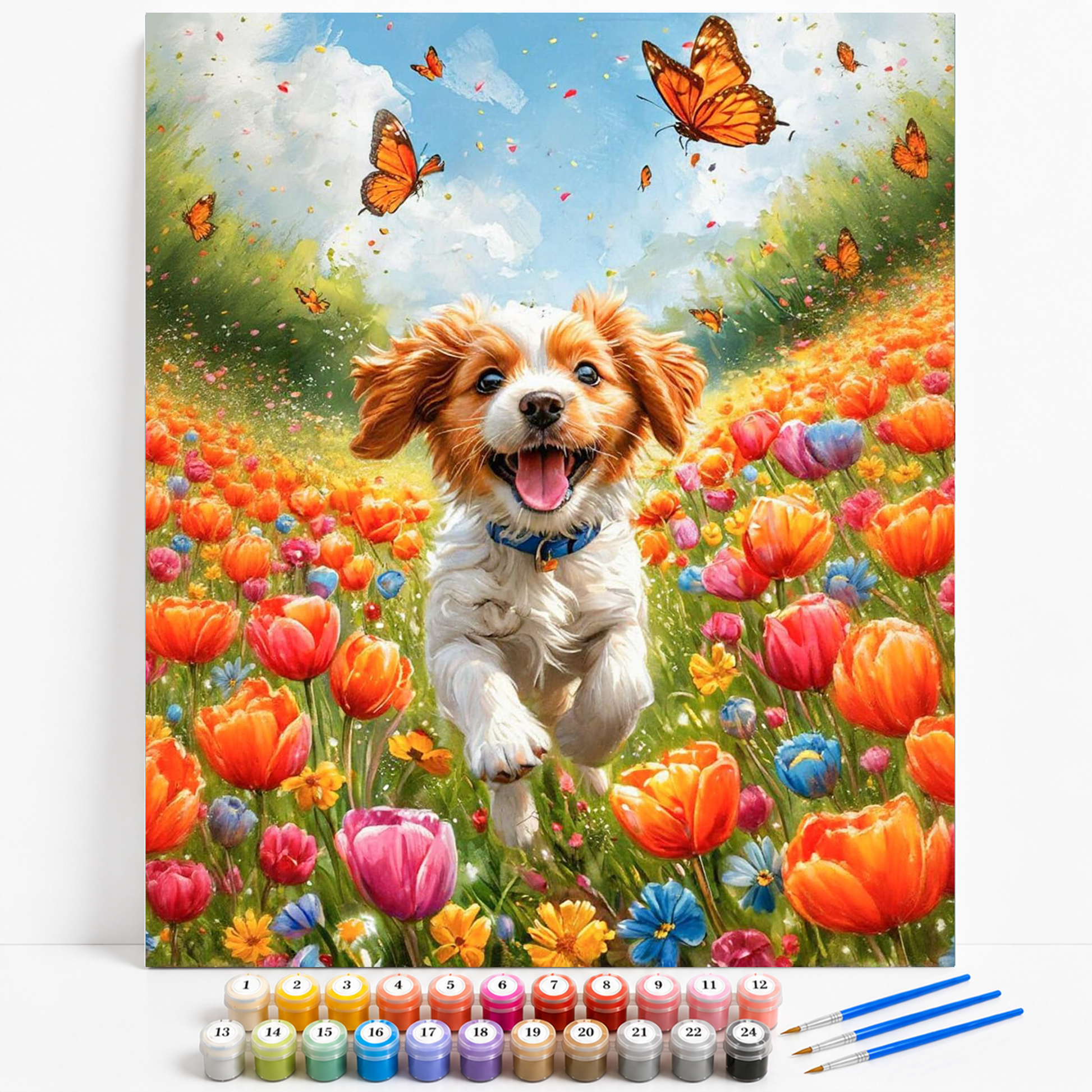 Mal efter tal med en glad hvalp, der løber gennem en farverig blomstereng omgivet af sommerfugle under en blå sommerhimmel.