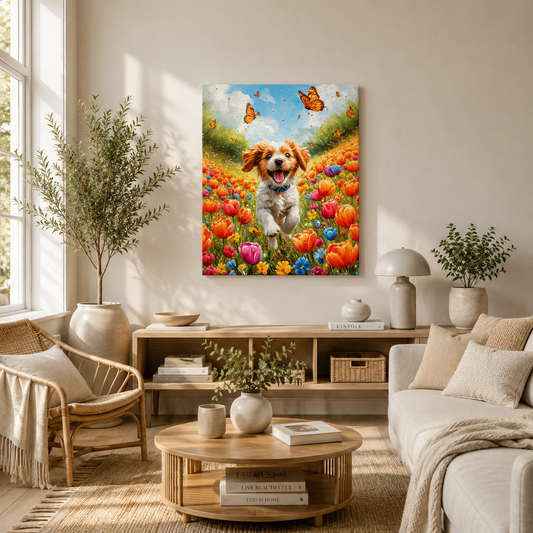 Mal efter tal med en glad hvalp, der løber gennem en farverig blomstereng omgivet af sommerfugle under en blå sommerhimmel.