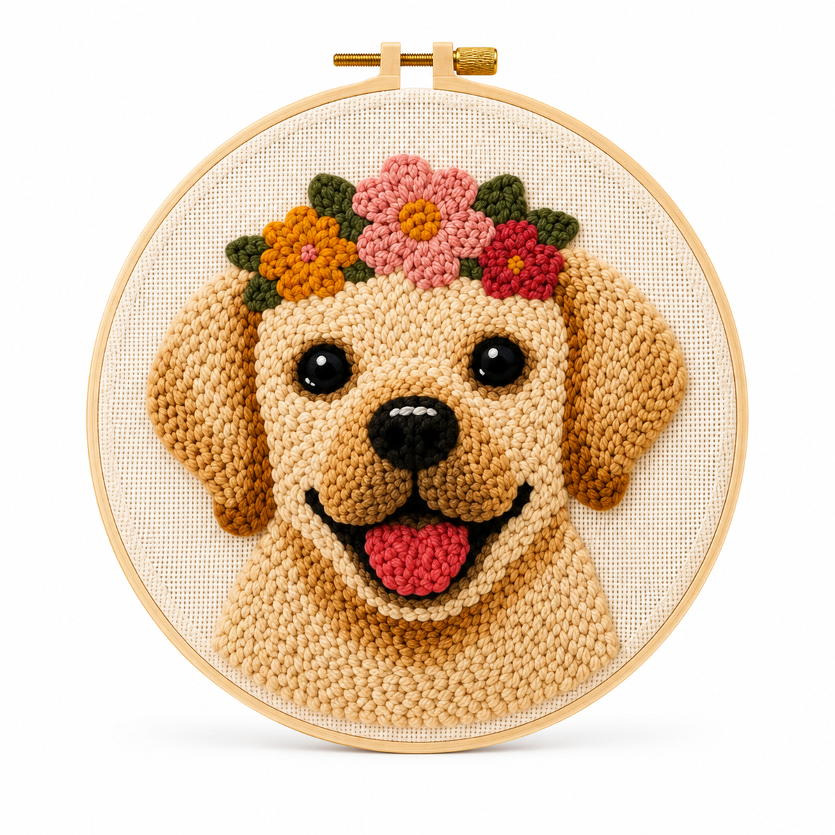 Punch Needle Sød Hund med Blomsterkrans