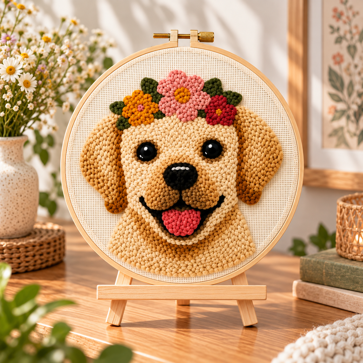Færdigt Punch Needle motiv med Sød Hund med Blomsterkrans 