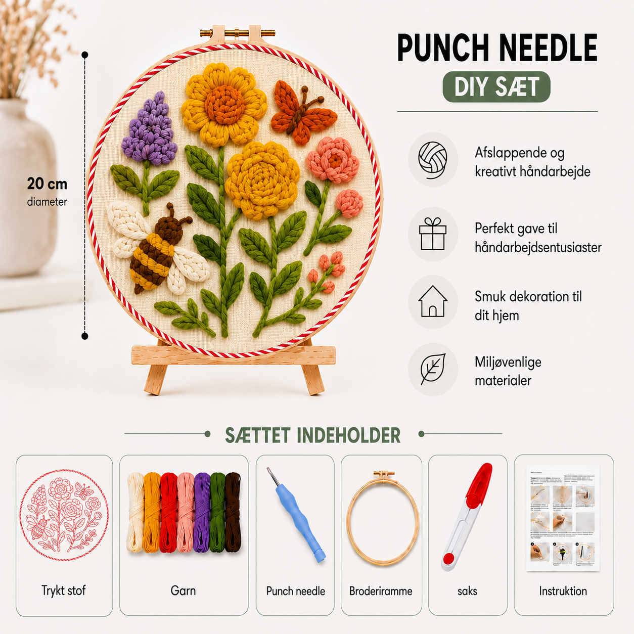 Punch Needle sæt med garn, nål og broderiramme