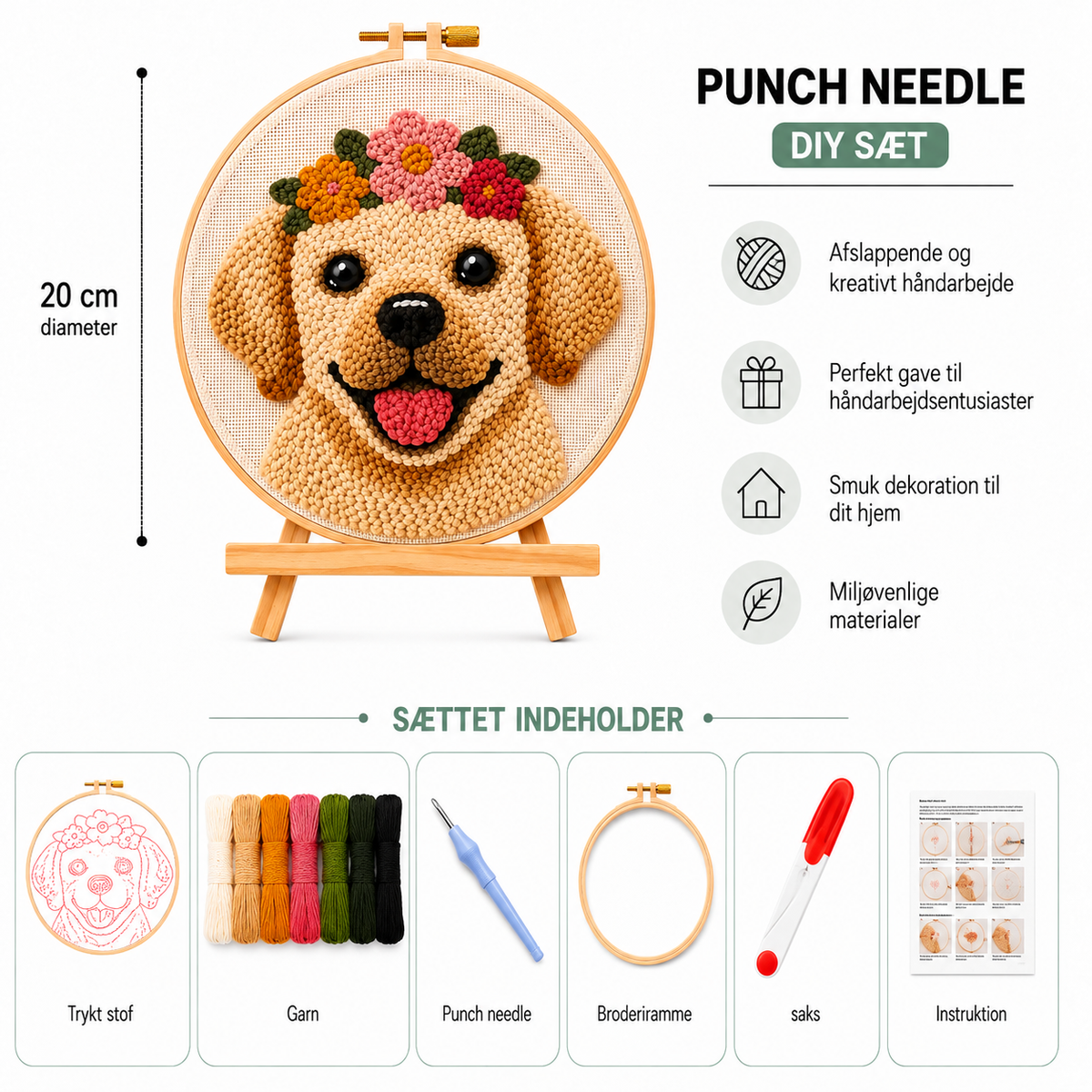 Punch Needle sæt med garn, nål og broderiramme 