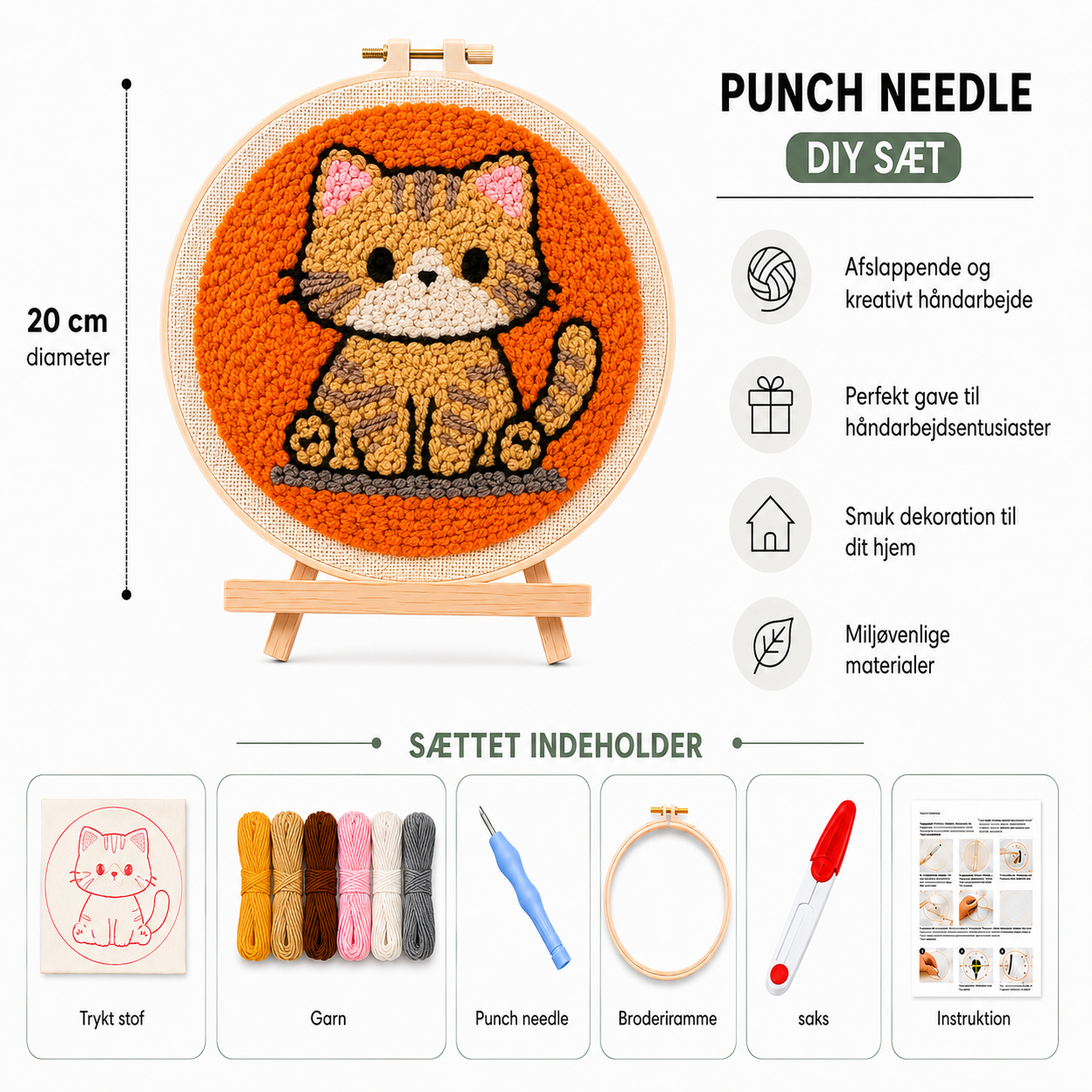 Punch Needle sæt med garn, nål og broderiramme
