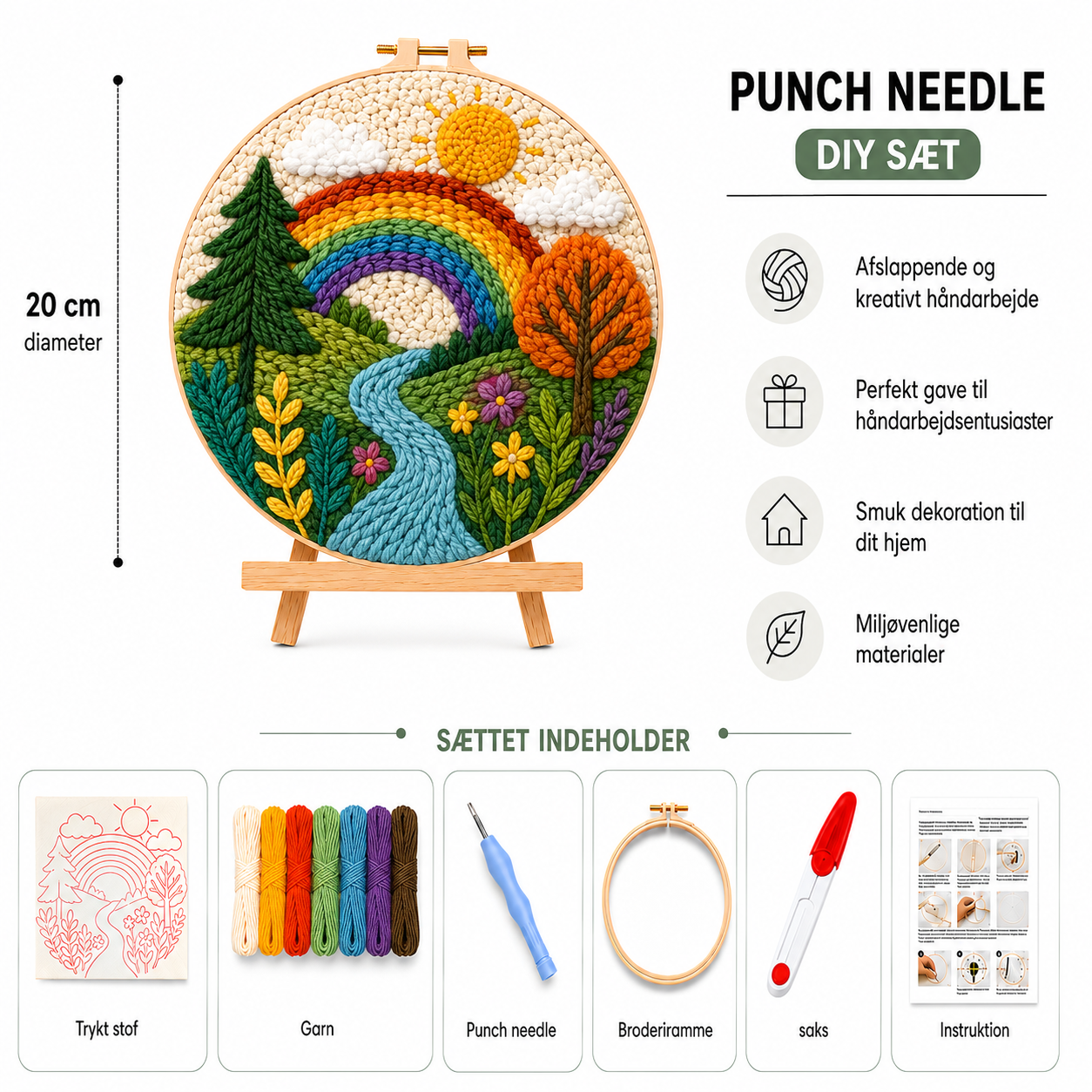 Punch Needle sæt med garn, nål og broderiramme