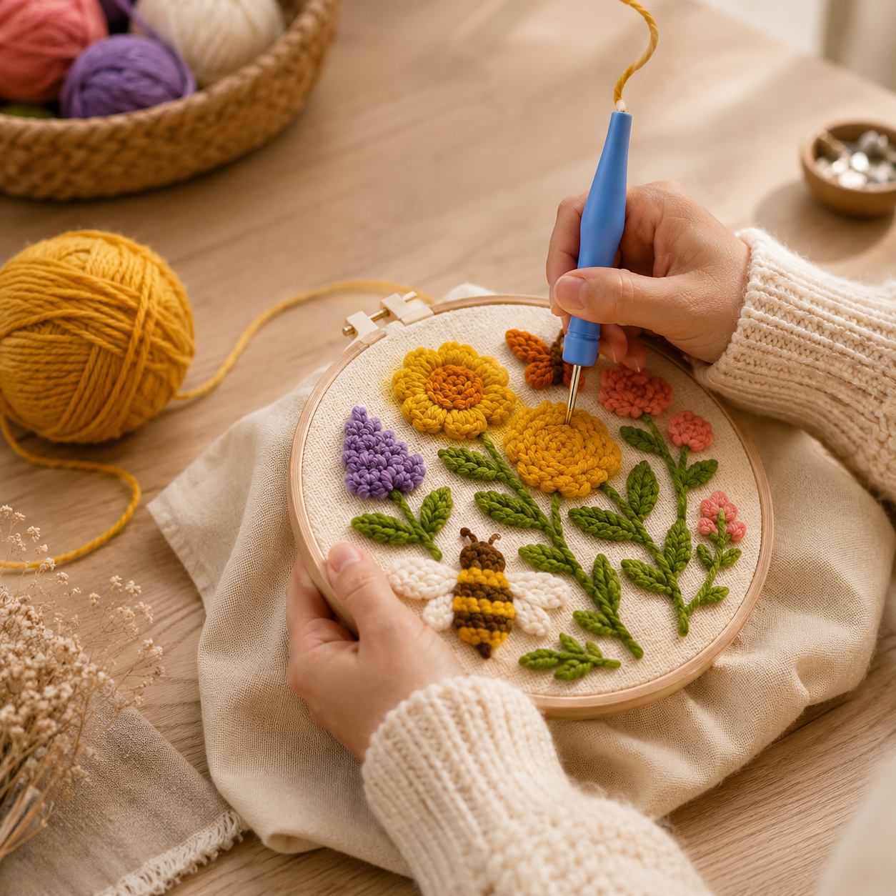 Punch Needle projekt under udførelse Blomstrende eng