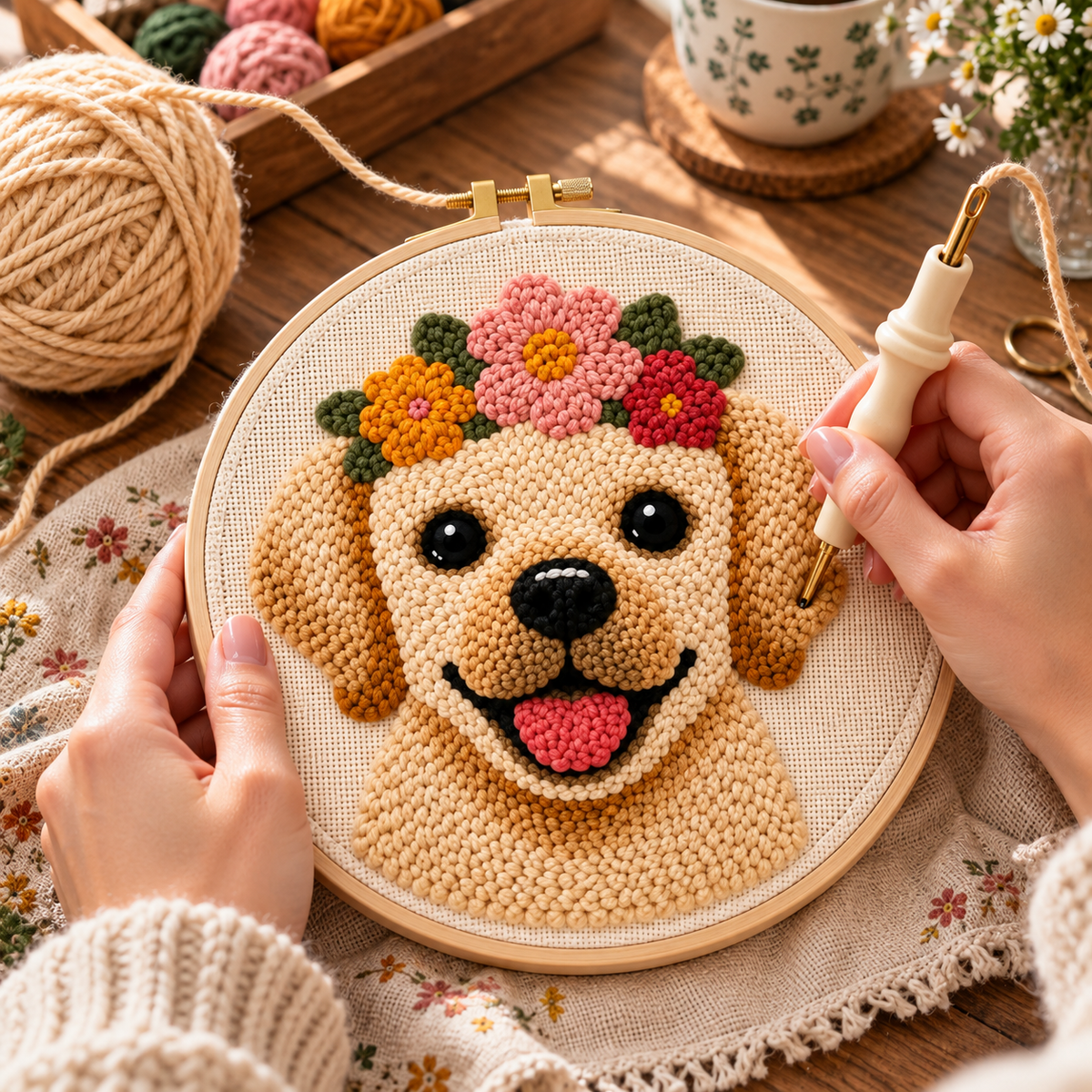 Punch Needle projekt under udførelse Sød Hund med Blomsterkrans 